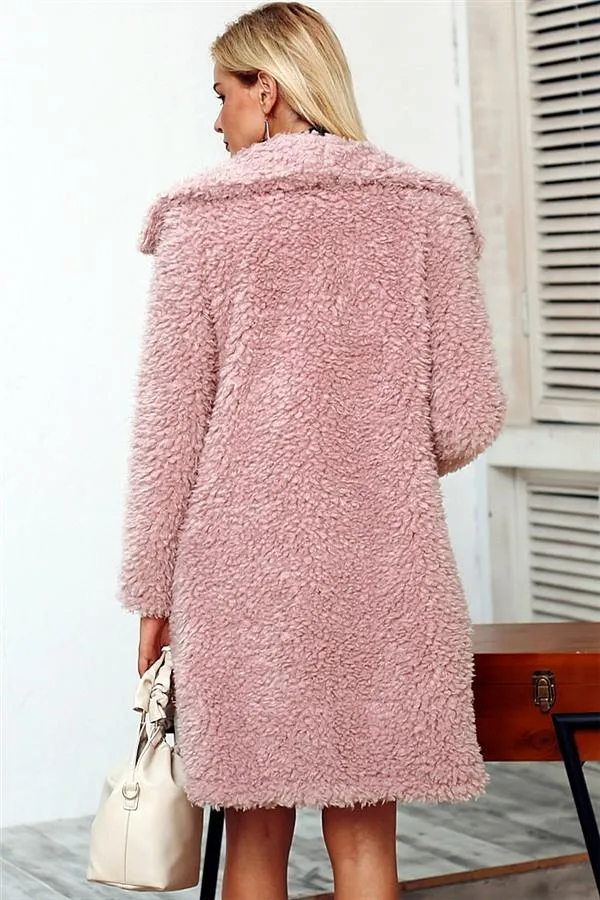 elveswallet Elegant Pink Long Faux Fur Coat