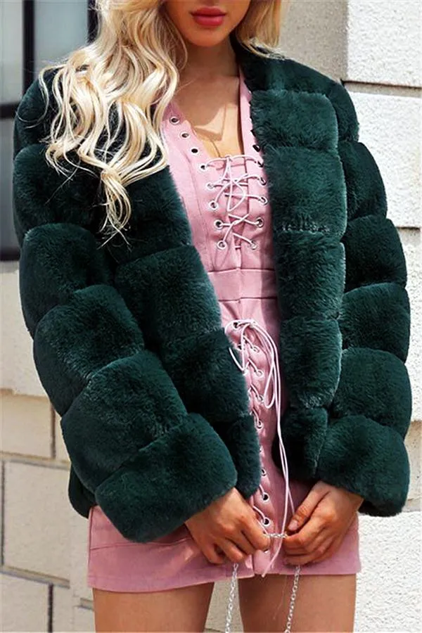 elveswallet Elegant Thick Fluffy Faux Fur Coat - Dark Green