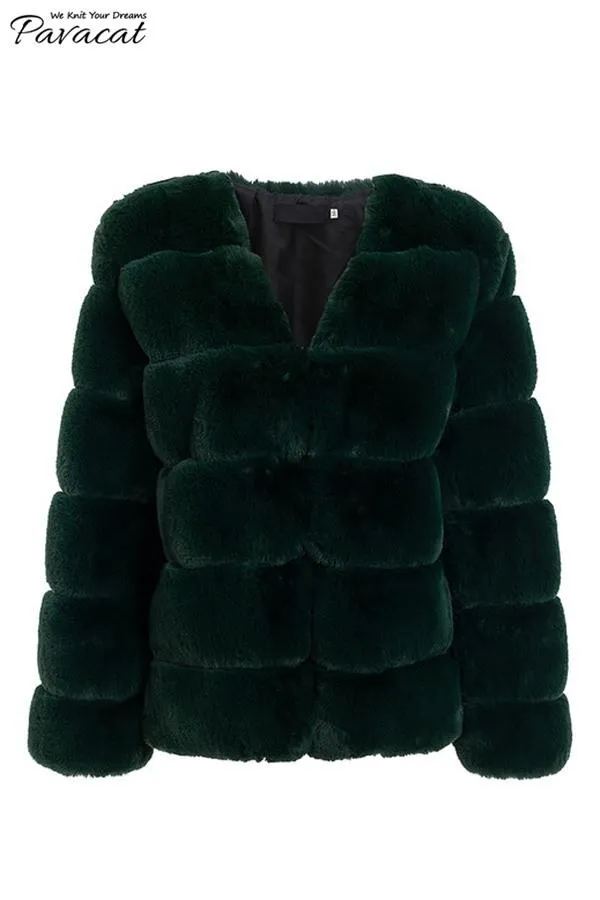 elveswallet Elegant Thick Fluffy Faux Fur Coat - Dark Green