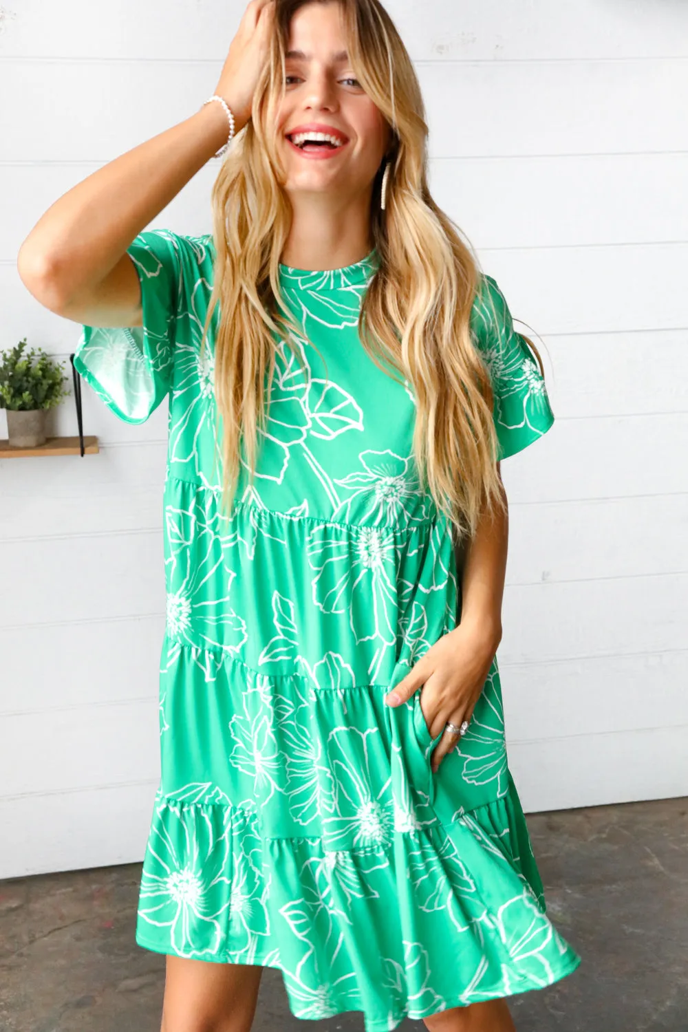 Emerald Green Floral Dolman Sleeve Babydoll Dress