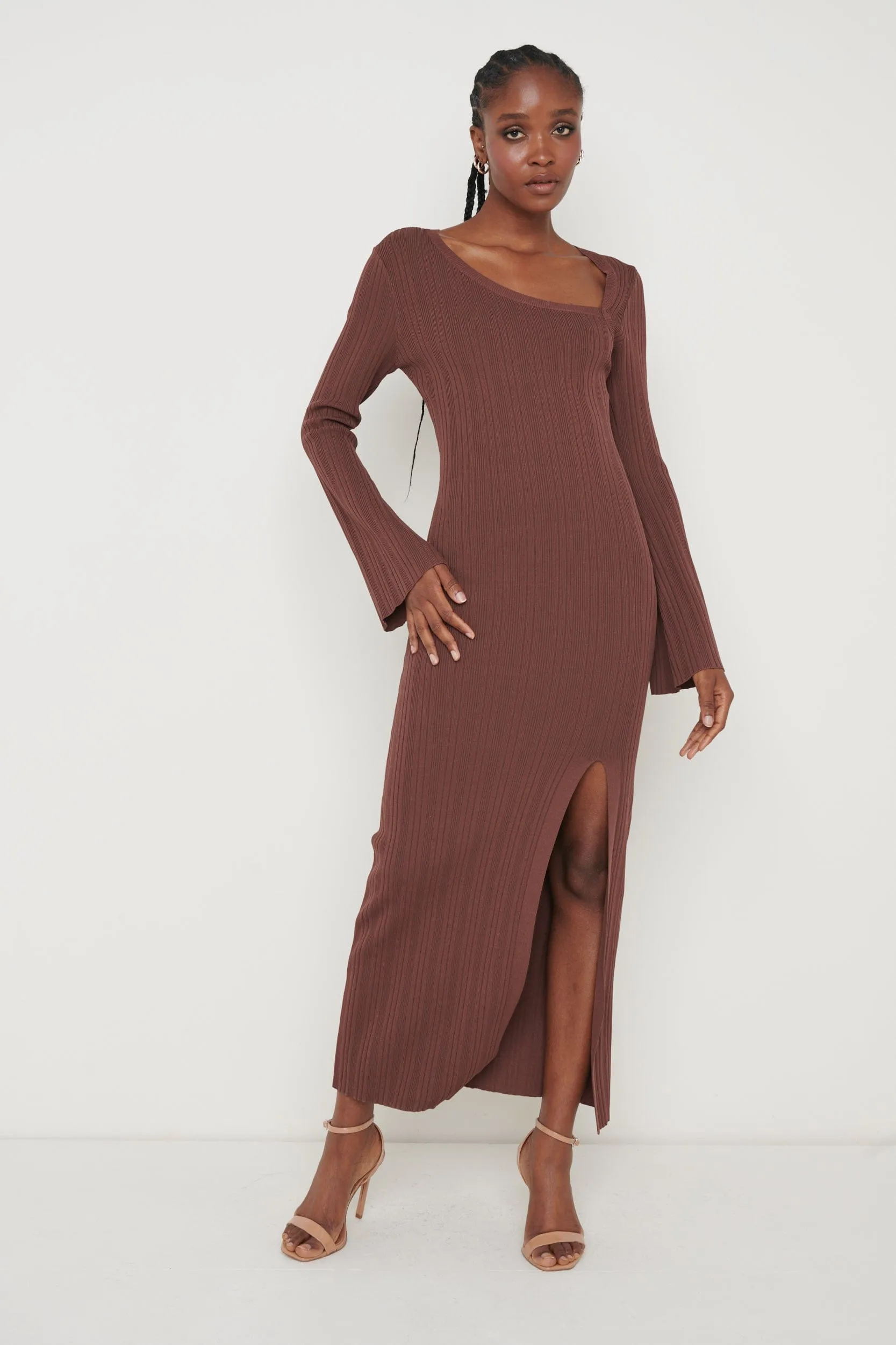 Emmie Cut Out Knit Midaxi Dress - Chocolate Brown