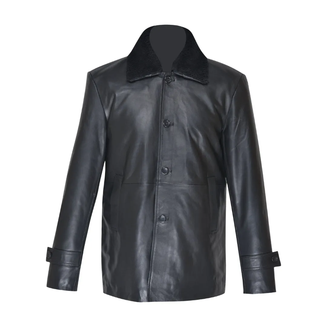 Eric's black leather car coat with fur collar