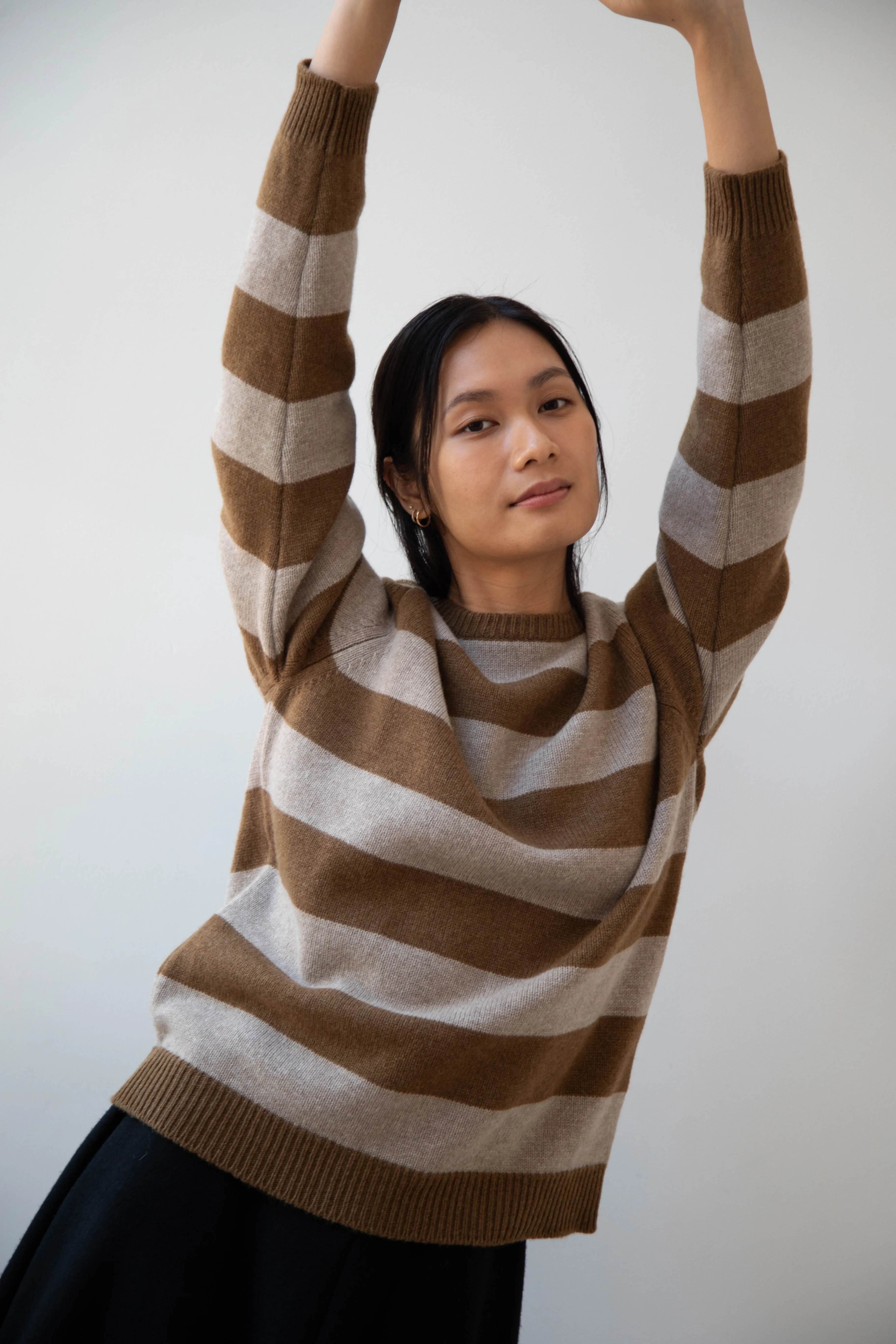 Evan Kinori | Striped Sweater in Dark Ochre & Oat