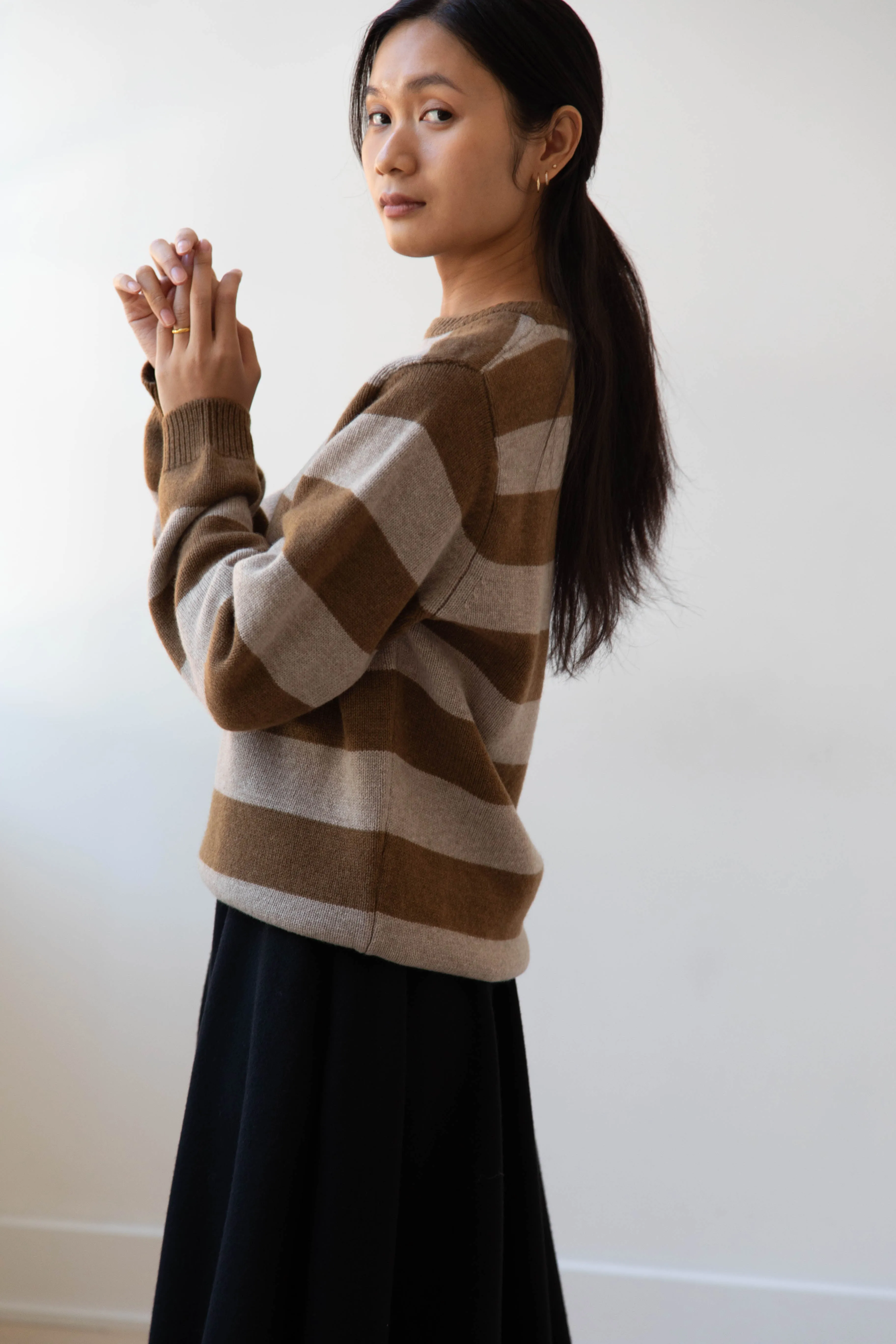 Evan Kinori | Striped Sweater in Dark Ochre & Oat