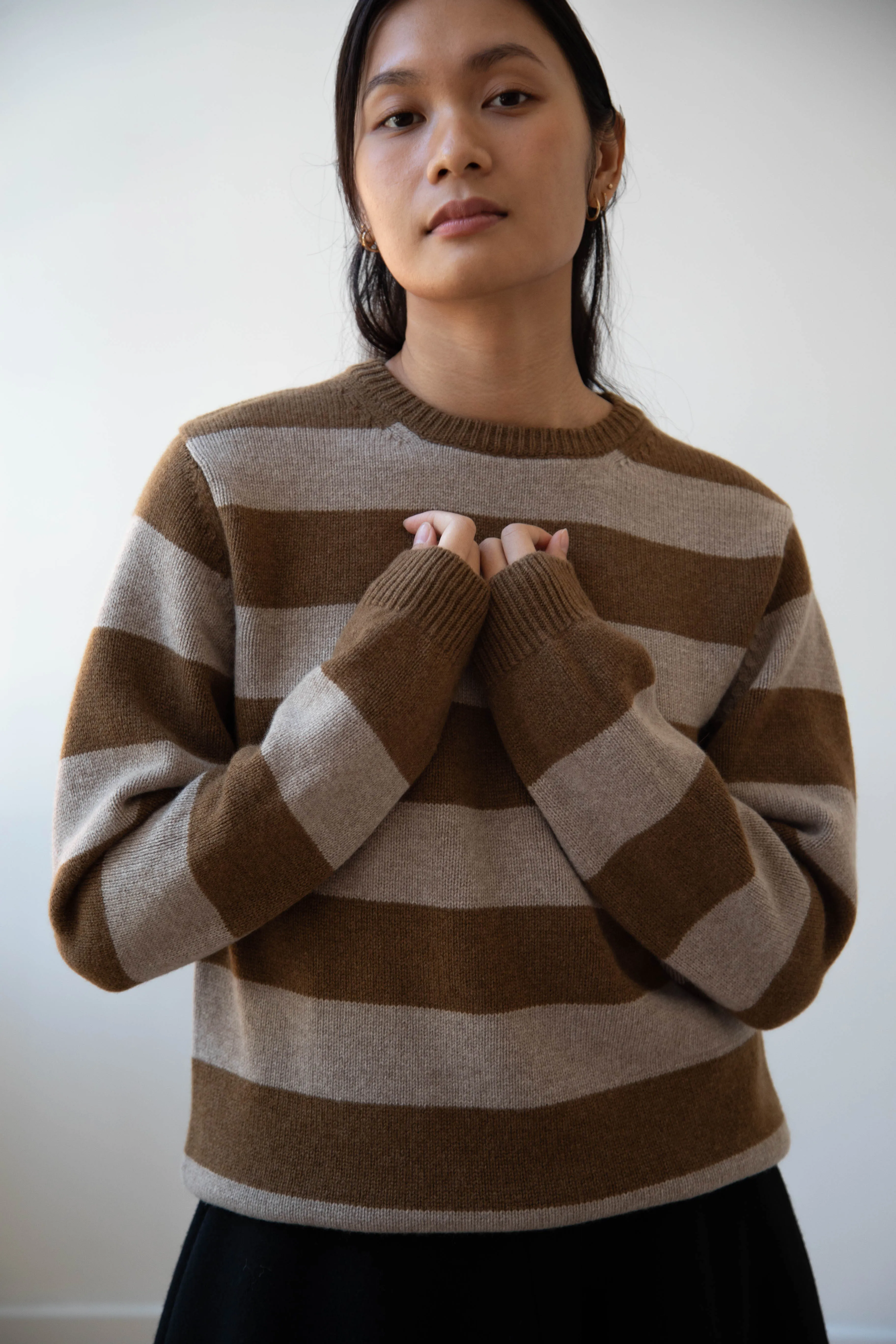 Evan Kinori | Striped Sweater in Dark Ochre & Oat