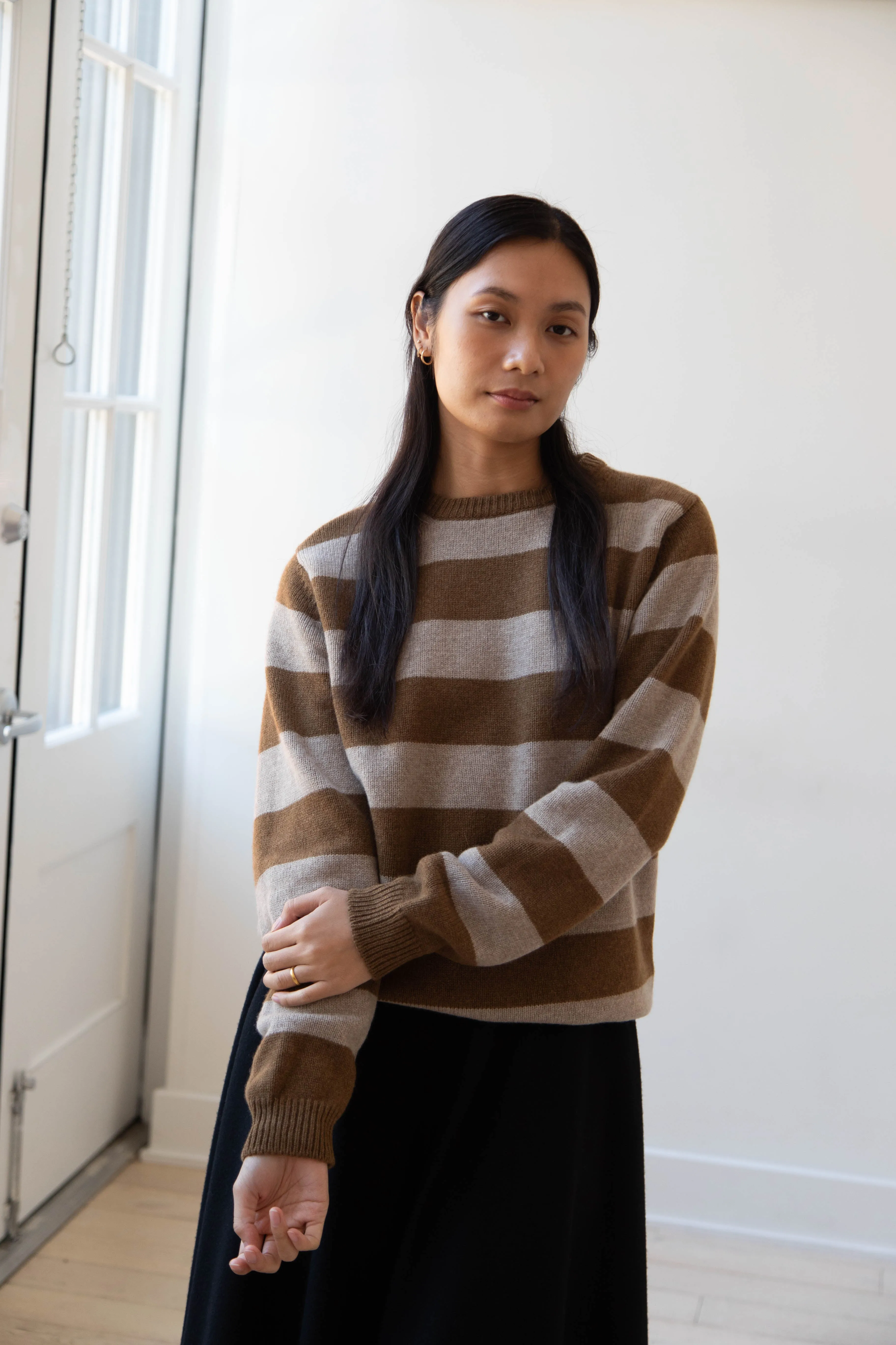 Evan Kinori | Striped Sweater in Dark Ochre & Oat