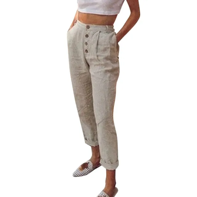 FashionSierra - Solid Cotton Linen Women Pencil Pants Spring Casual Button High Waist Trousers Women Plus Size Long Pants 3XL