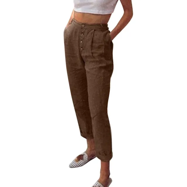 FashionSierra - Solid Cotton Linen Women Pencil Pants Spring Casual Button High Waist Trousers Women Plus Size Long Pants 3XL