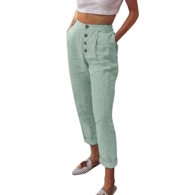 FashionSierra - Solid Cotton Linen Women Pencil Pants Spring Casual Button High Waist Trousers Women Plus Size Long Pants 3XL