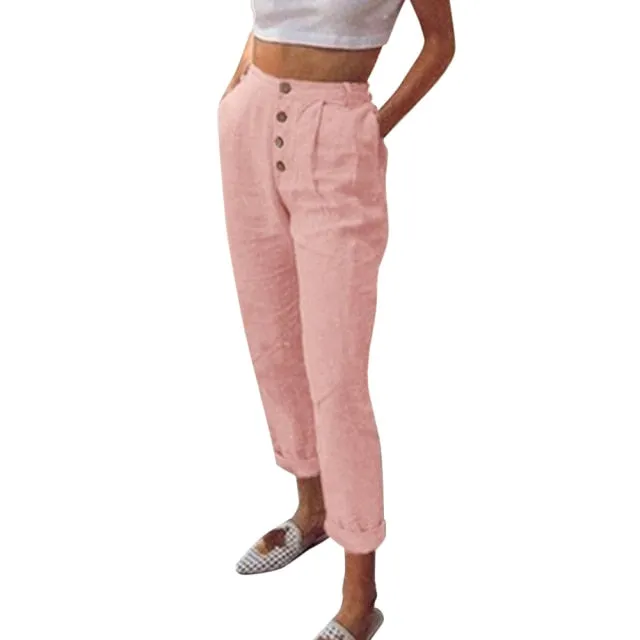 FashionSierra - Solid Cotton Linen Women Pencil Pants Spring Casual Button High Waist Trousers Women Plus Size Long Pants 3XL