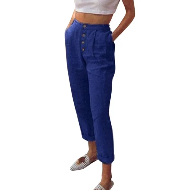 FashionSierra - Solid Cotton Linen Women Pencil Pants Spring Casual Button High Waist Trousers Women Plus Size Long Pants 3XL