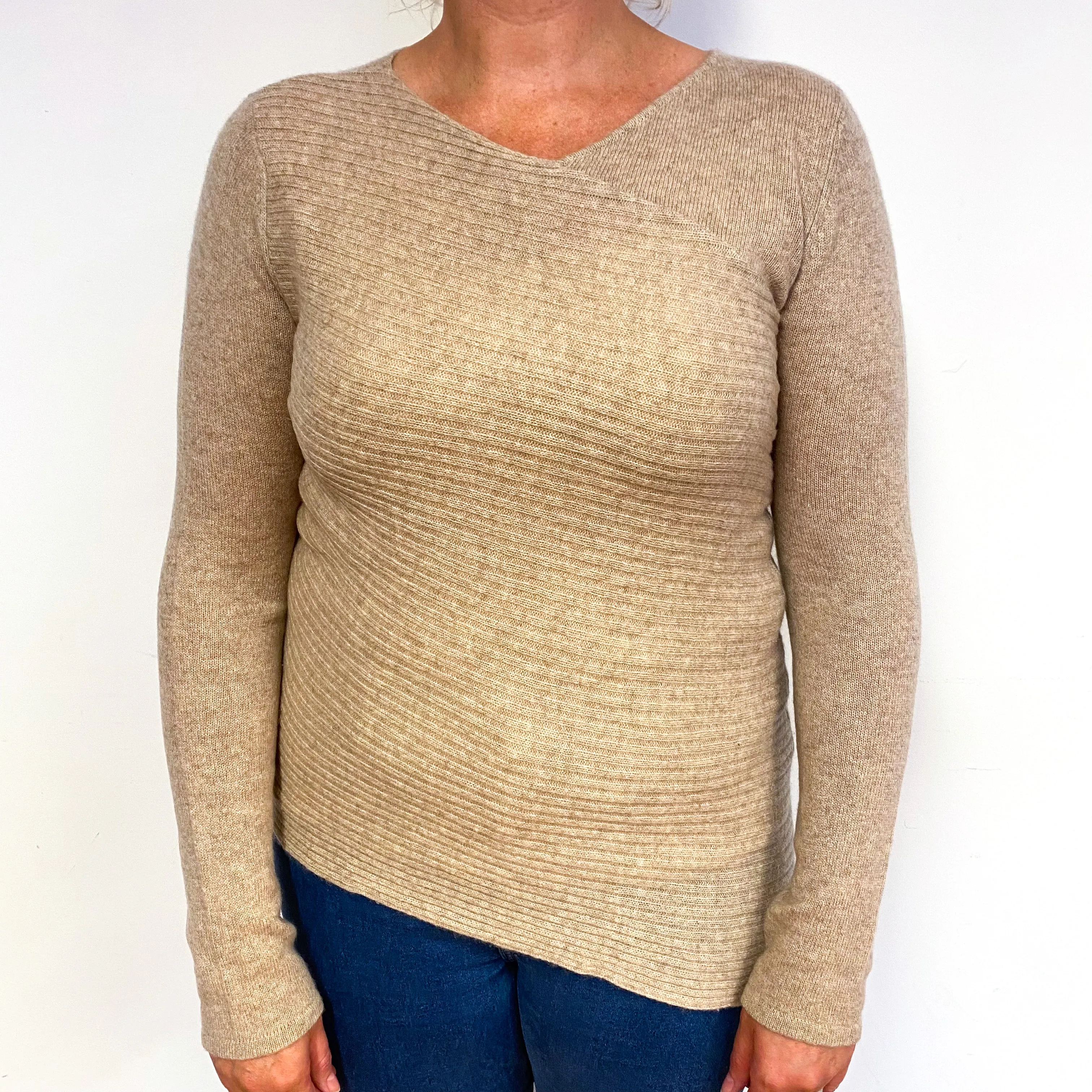 Fawn Asymmetric Cashmere V-Neck Jumper Large