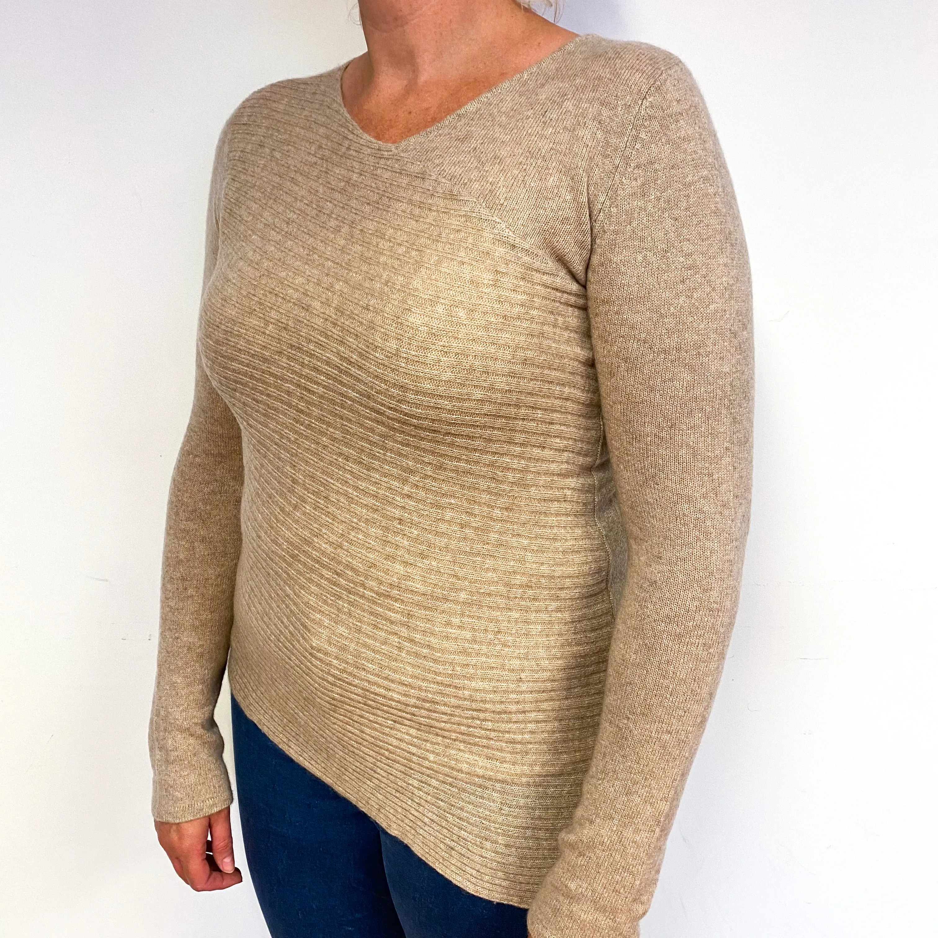 Fawn Asymmetric Cashmere V-Neck Jumper Large