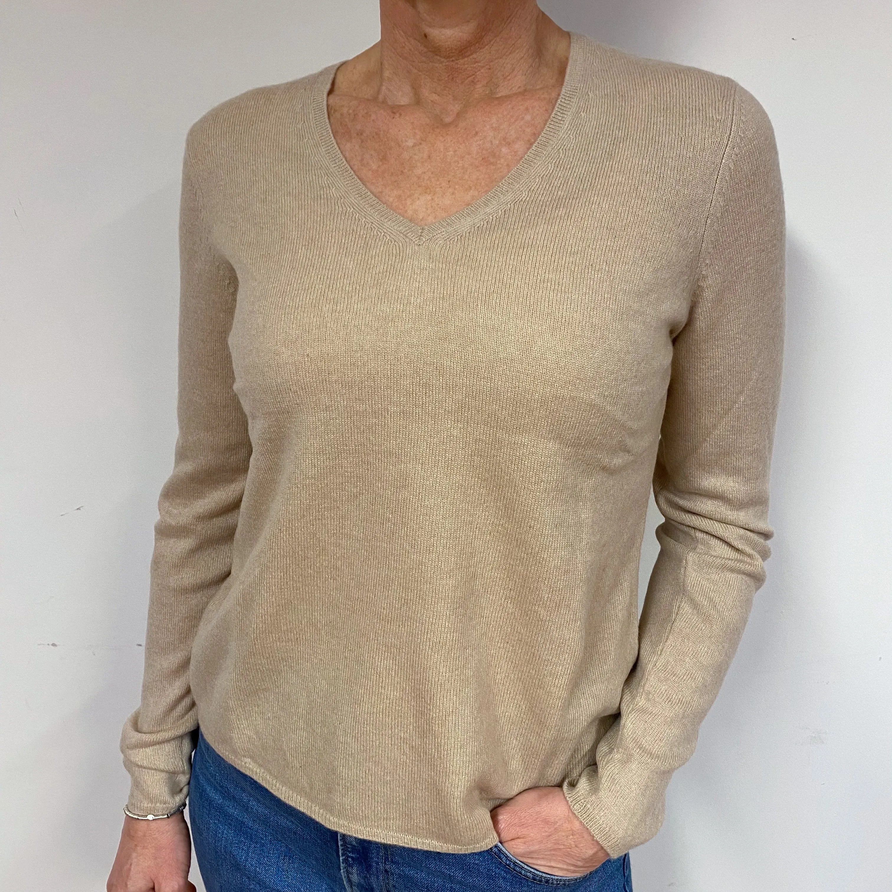 Fawn Beige Cashmere V-Neck Jumper Medium