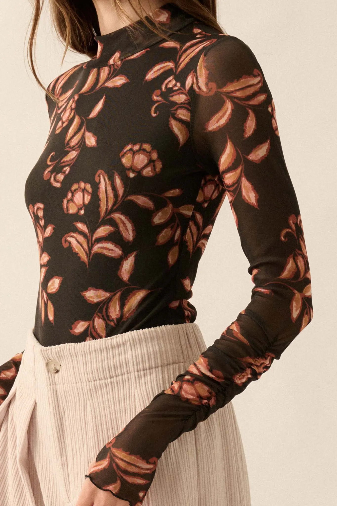 Festive Fall Floral Mesh Thumbhole Bodysuit