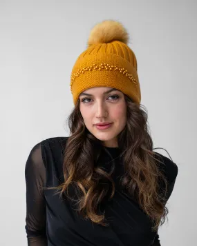 FINAL SALE - Pearl Trim Faux Fur Pom-Pom Knit Beanie Hat