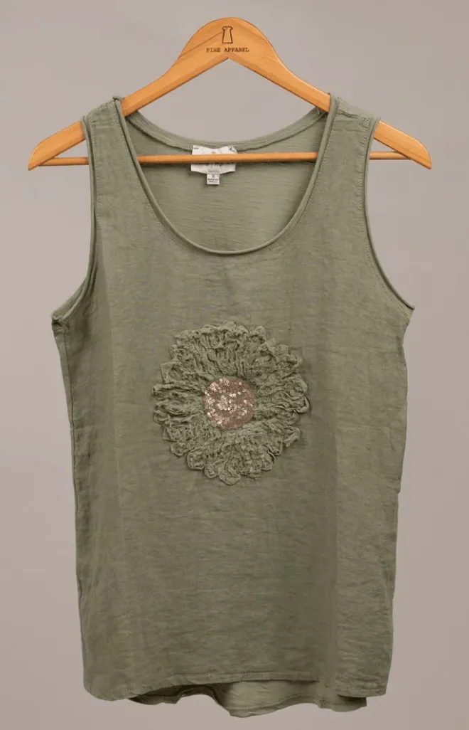 Floral Applique Italian Linen Tank K214069