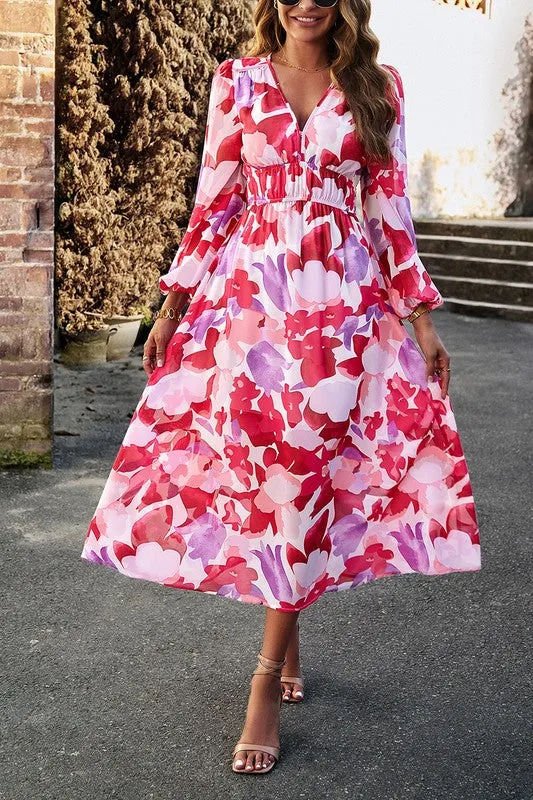 Floral Elastic Waist A-Line Midi Dress