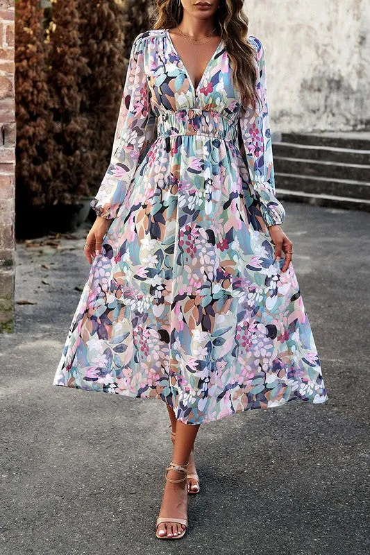 Floral Elastic Waist A-Line Midi Dress