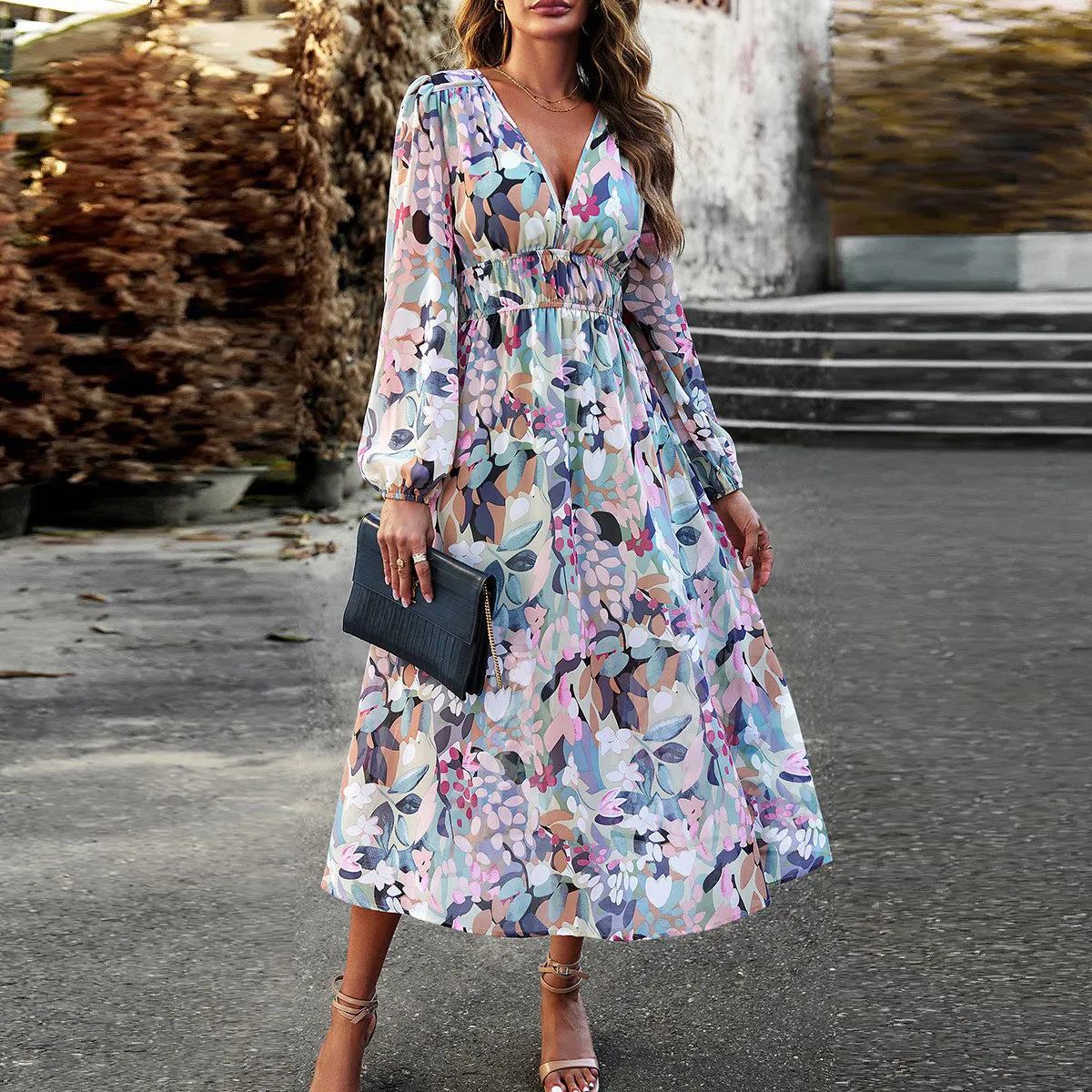 Floral Elastic Waist A-Line Midi Dress