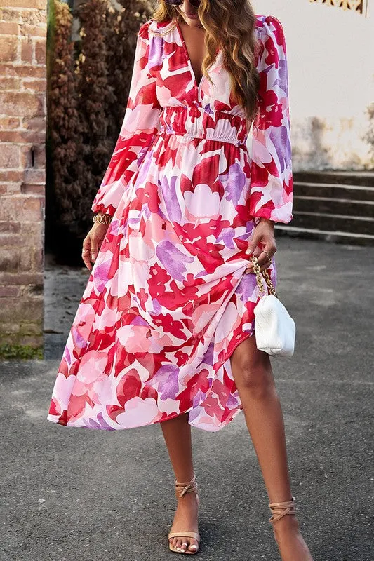 Floral Elastic Waist A-Line Midi Dress