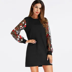 Floral Embroidery Lantern Sleeve Dress