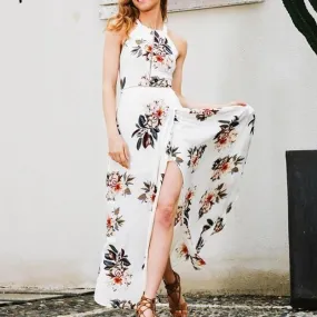 Floral Print Halter Chiffon Long Split Maxi Beach Dress