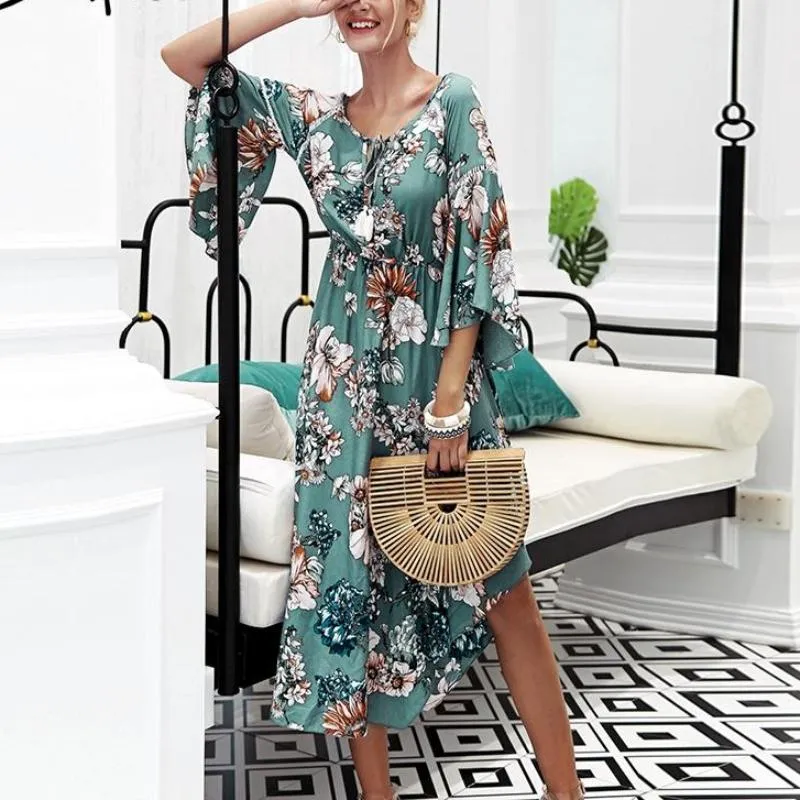 Floral Print Tassel Lace Up Boho Long Dress