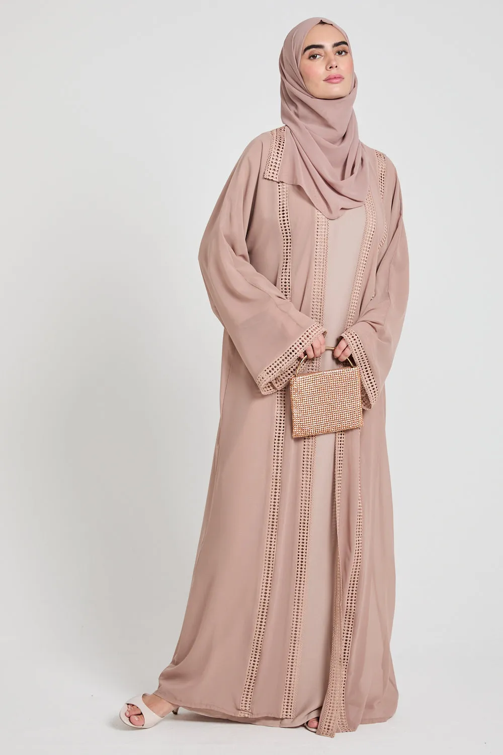 Four Piece Chiffon Open Abaya Set with Lace Detailing - Rose Dust