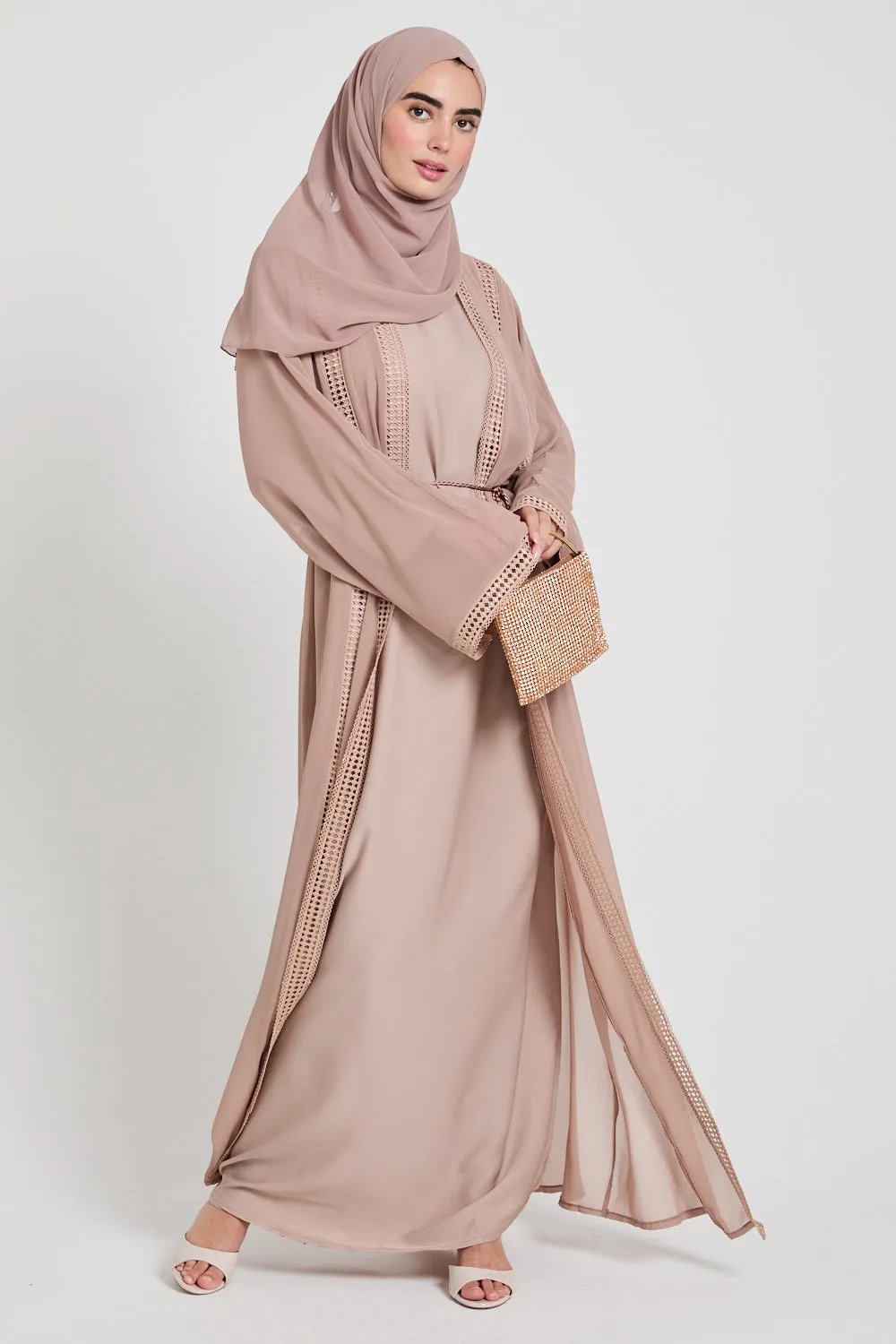 Four Piece Chiffon Open Abaya Set with Lace Detailing - Rose Dust