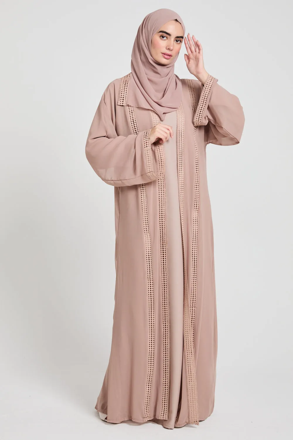 Four Piece Chiffon Open Abaya Set with Lace Detailing - Rose Dust