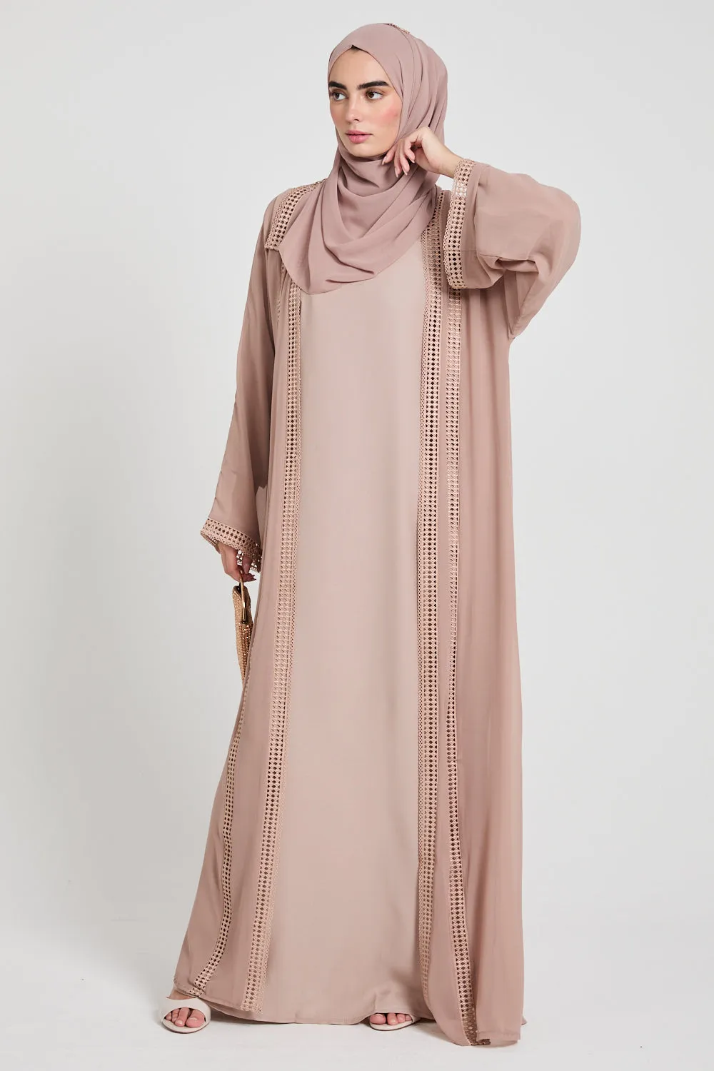 Four Piece Chiffon Open Abaya Set with Lace Detailing - Rose Dust