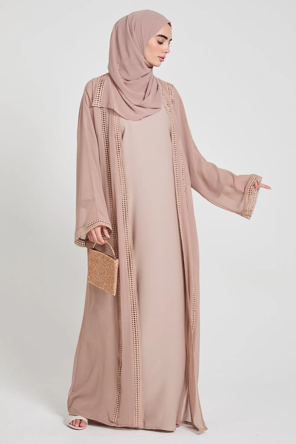 Four Piece Chiffon Open Abaya Set with Lace Detailing - Rose Dust