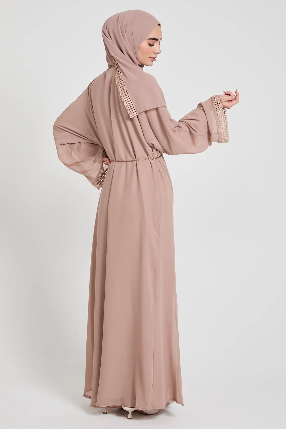 Four Piece Chiffon Open Abaya Set with Lace Detailing - Rose Dust