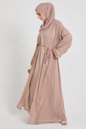 Four Piece Chiffon Open Abaya Set with Lace Detailing - Rose Dust