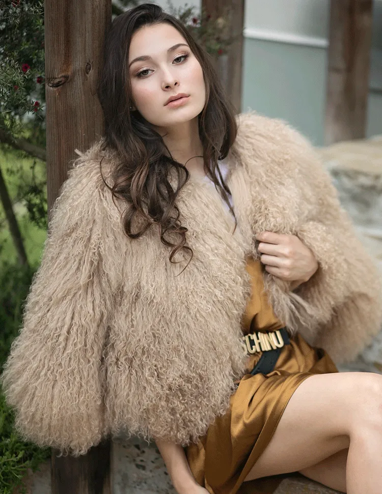 Freya - Mongolian Fur Bomber in Camel