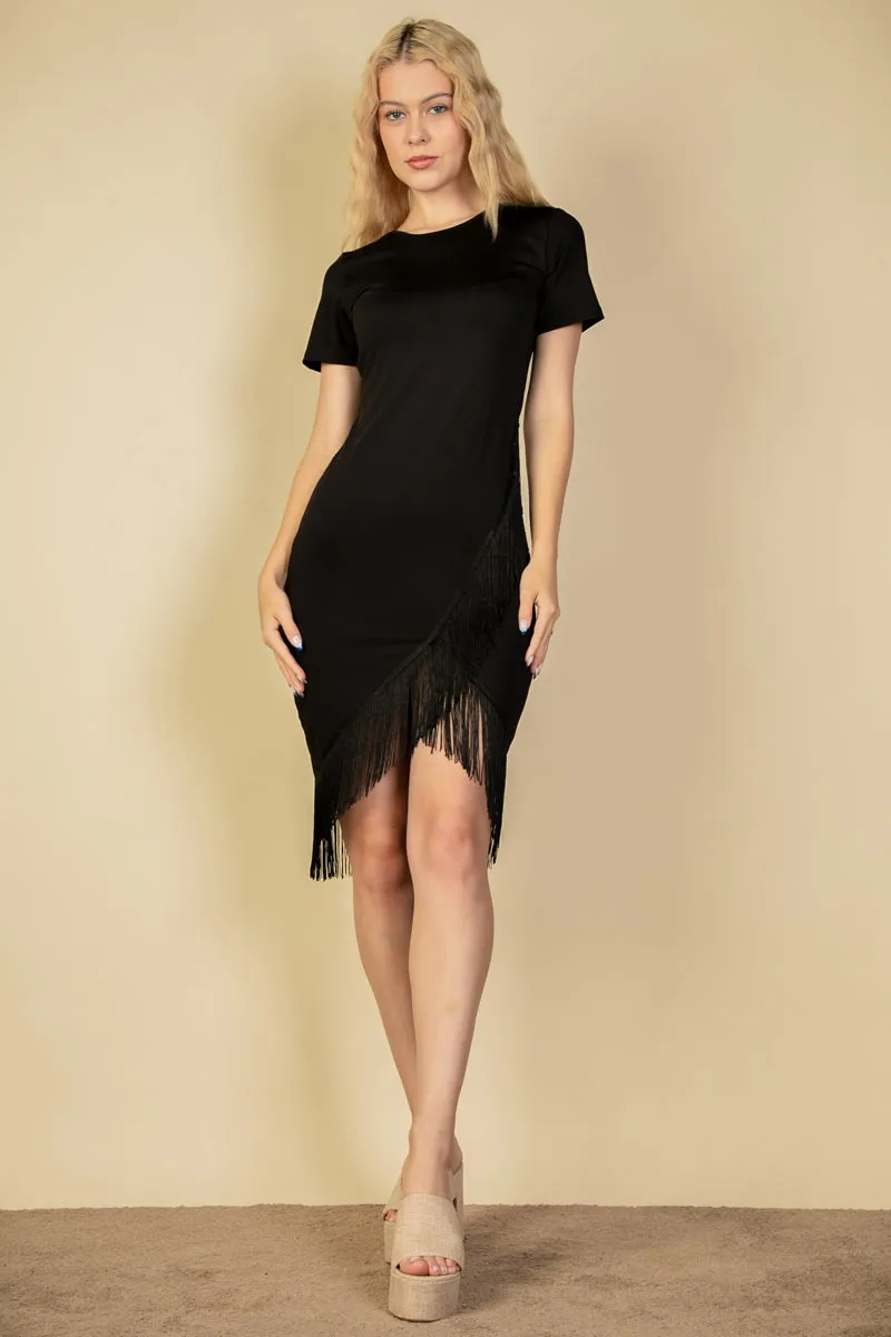 Fringe Hem Short Sleeve Bodycon Midi Pencil Dress