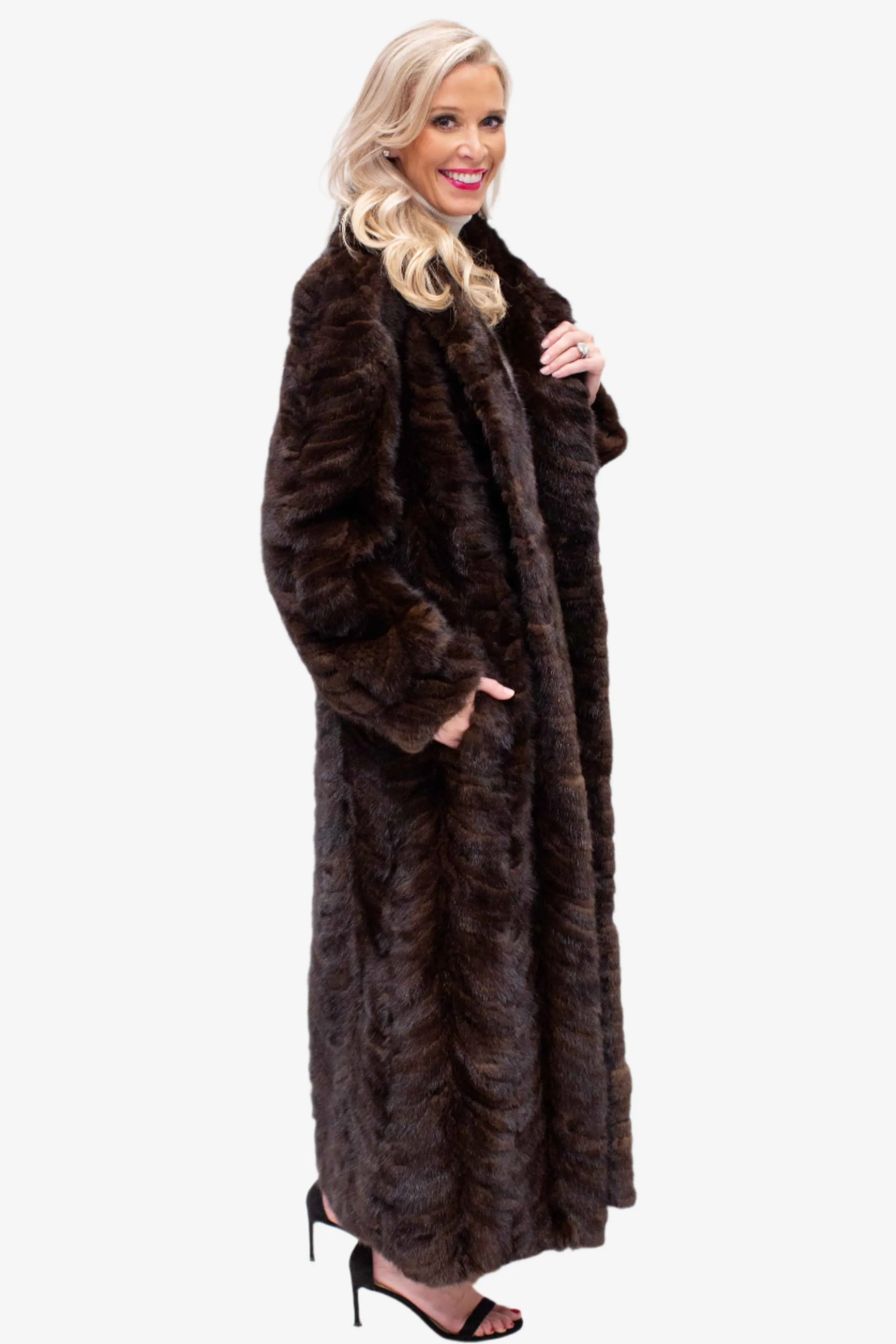 Full Length Mink Fur Coat with Shawl Collar and Bracelet Cuffs (Optional Hood)