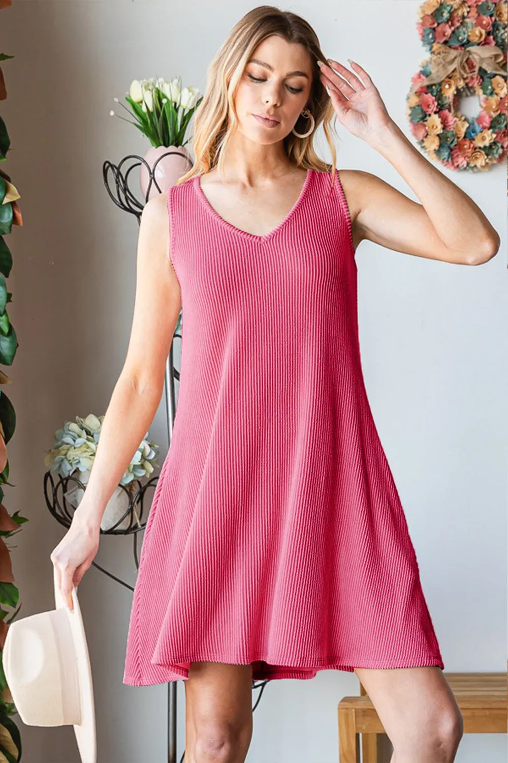 Full Size V-Neck Ribbed Mini Tank Dress