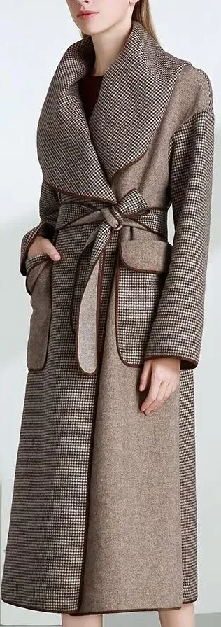 Gingham Large-Collar Wool-Blend Wrap Coat