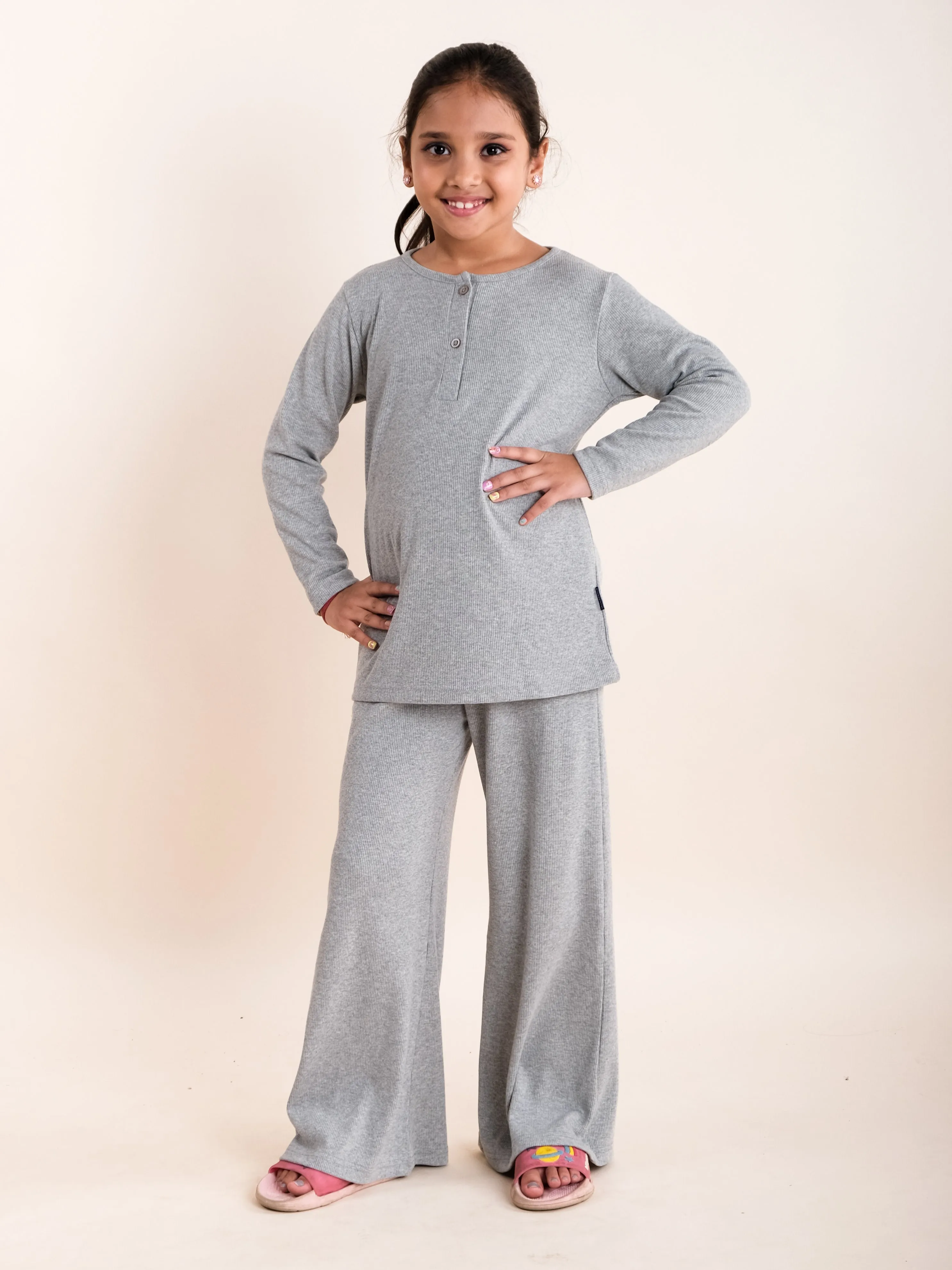 Girls Henley Neck T-shirt and Pyjama Night Set