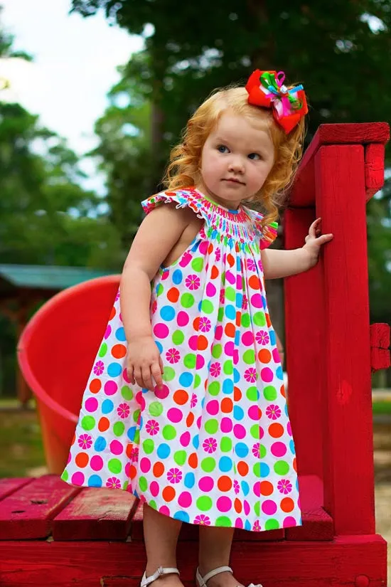 Girls Polka Dot Hand Smocked Bishop Dress