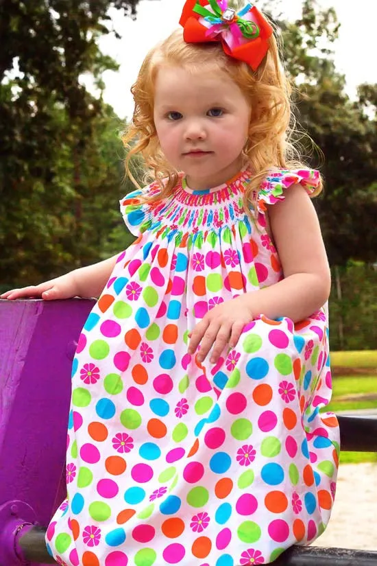 Girls Polka Dot Hand Smocked Bishop Dress