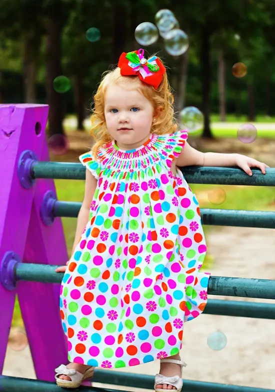 Girls Polka Dot Hand Smocked Bishop Dress