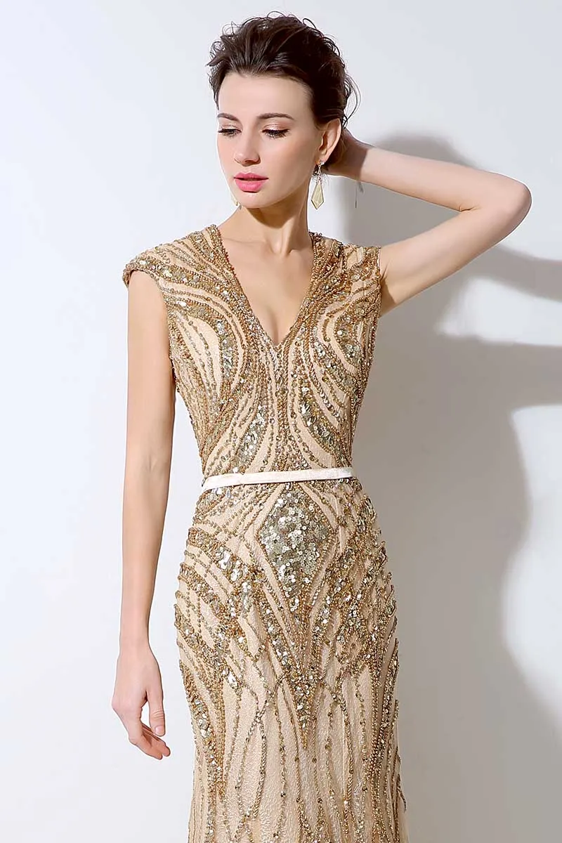 Gold Luxury Beaded Evening Dress V-neck Formal Charming Prom Dress