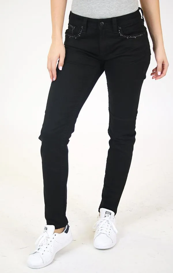 GRACE IN LA WHITE CROSS EMBROIDERED BLACK EASY SKINNY JEANS STYLE EN-81372-BLK