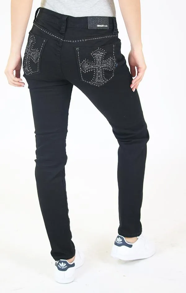 GRACE IN LA WHITE CROSS EMBROIDERED BLACK EASY SKINNY JEANS STYLE EN-81372-BLK