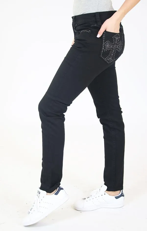 GRACE IN LA WHITE CROSS EMBROIDERED BLACK EASY SKINNY JEANS STYLE EN-81372-BLK