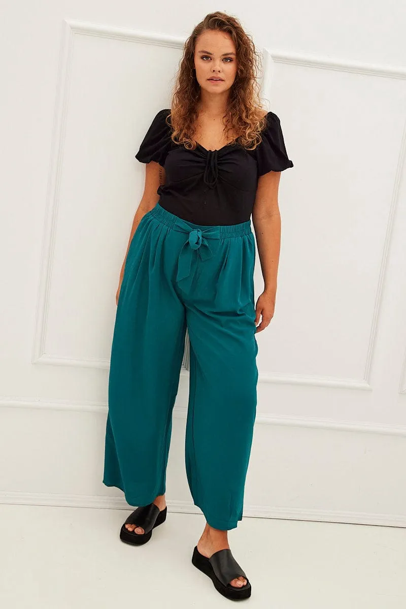 Green High Waist Wide Leg Crepe Pants