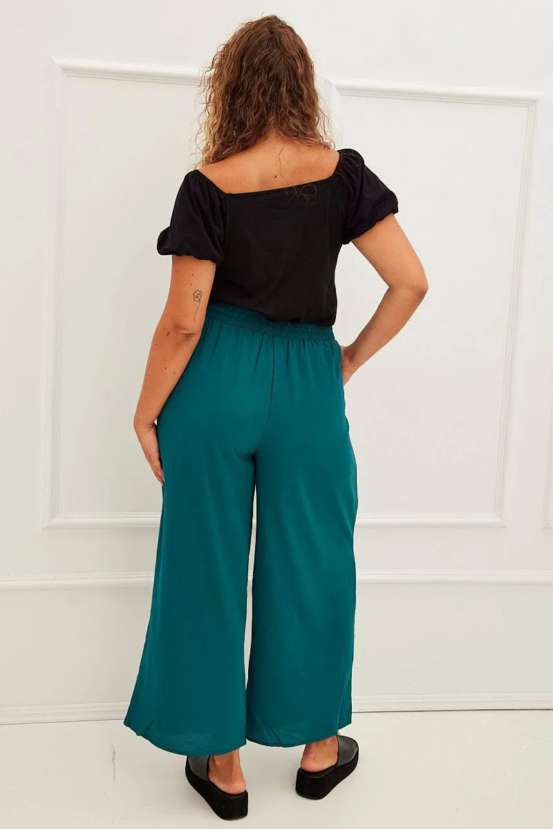 Green High Waist Wide Leg Crepe Pants